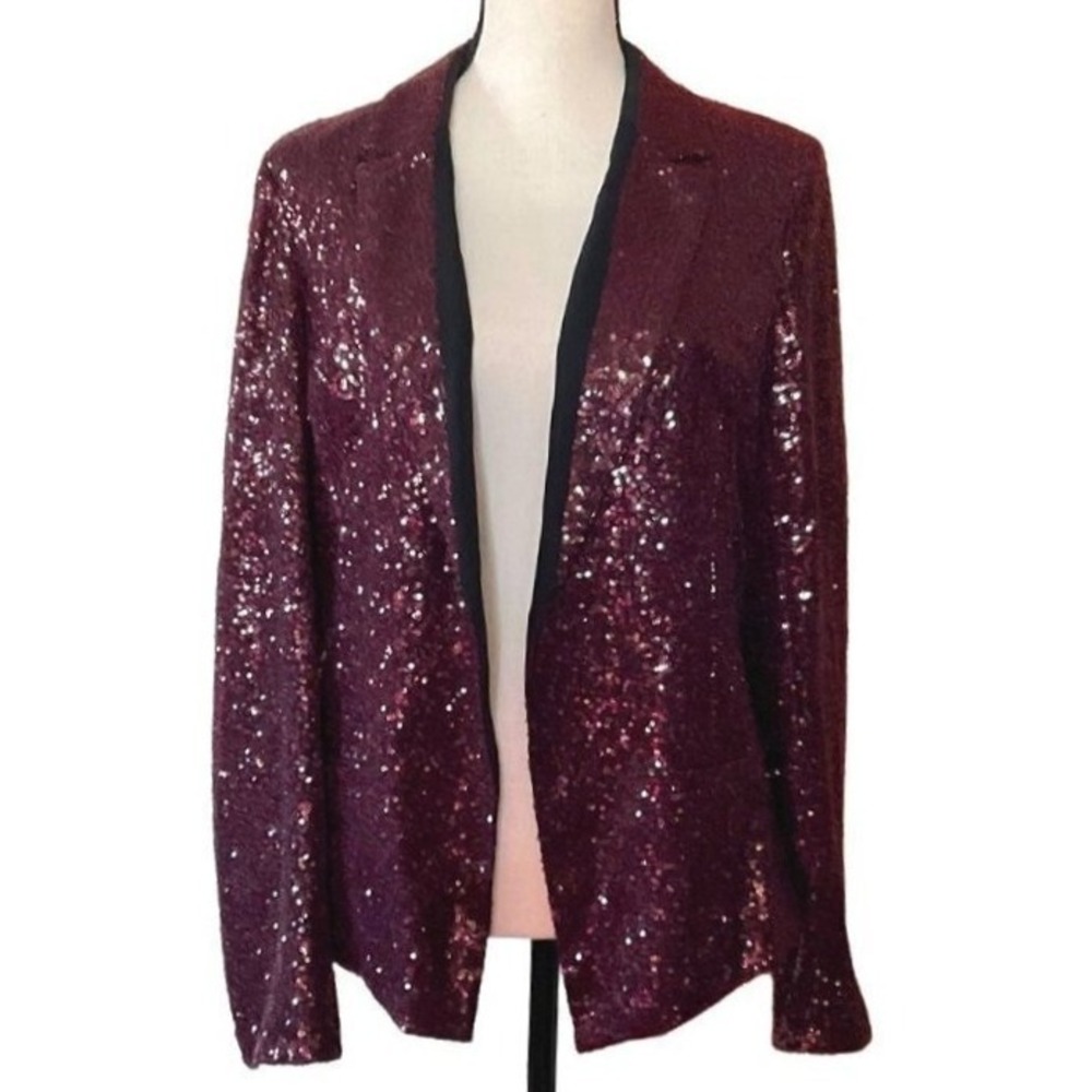 Sequin Blazer Party Jacket Burgundy Open Front Sparkle Occasion XL‎